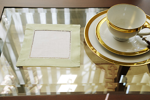White Hemstitch Cocktail Napkin 6" with Tender Green border - Click Image to Close